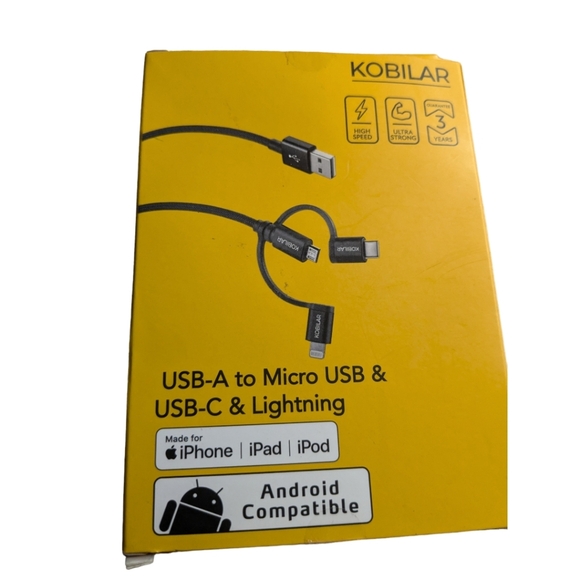 USB-A to Micro USB & USB-C & Lightning. Kobilar 3 in 1 Cable. NWOT. - Picture 3 of 7